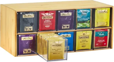 Tea Bag Organizer - Bamboo Tea Storage Organizer Natural Wood & Acrylic for Countertop Office Kitchen Cabinet Pantry