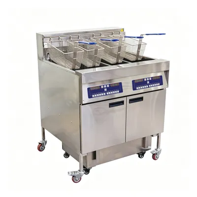 Commercial Floor-Standing Three-Tank Fryer with Round Tubes & Auto Oil Filtration
