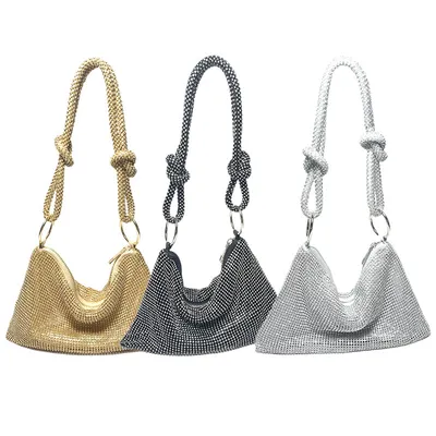 Women's Rhinestone Crystal Knotted Strap Hobo Underarm Shoulder Bag