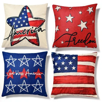 Patriotic Decor Throw Pillow Covers 4th of July Linen Pillow Case for Independence Day, Memorial Day, Veteran's Day, USA, American Sum Pillow Case