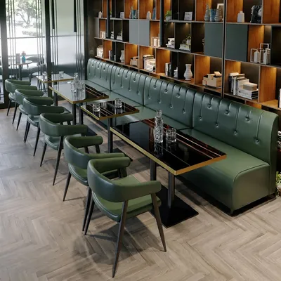 Luxury Green Wooden Booth Seating Set Dining Table and Leather Armchairs Furniture for Modern Commercial Restaurant Cafe