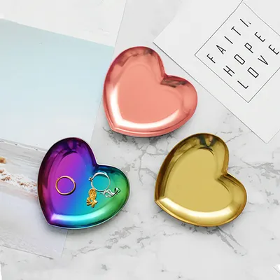 Desk Organizer Heart Shape Stainless Steel Colorful Daily Makeup Jewelry Display Storage Tray