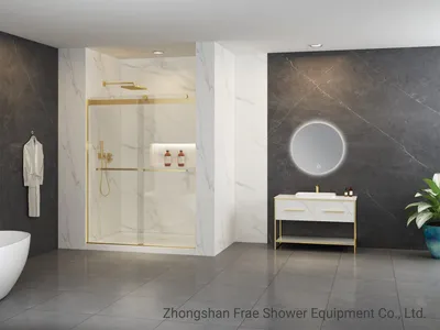 Tempered Glass Double Sliding Bypass Shower Door with Brushed Gold