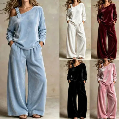2026 New Winter-Spring Women's Fashion Velvet One Shoulder Sleeve Tops and Wide Leg Pants Casual Two Piece Set Comfortable Leisure Sports Wear