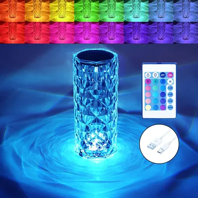 Crystal Lamp 16 Color Changing RGB Night Light Touch Lamp USB Romantic LED Rose Diamond Table Lamps for Living Room Party Dinner