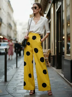 Bright Yellow Large Black Polka DOT High Waist Wide Leg Trousers with Side Pockets