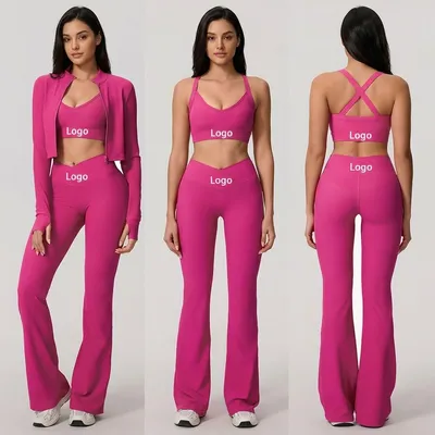 Custom Private Logo Sportswear Set Solid Pattern Sport Bra Jacket Long Sleeves Pants-3 Piece Gym Fitness Yoga Activewear Set