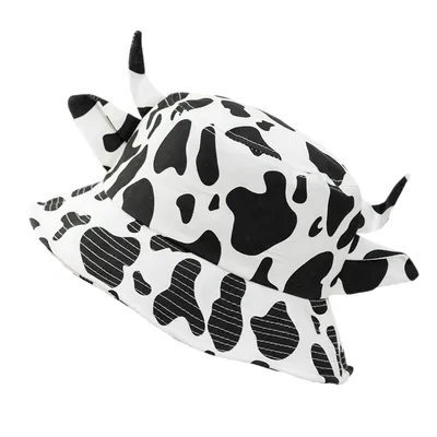 Adorable Cow Pattern Bucket Hat 3D Horns UV Protection Summer Sun Hat for Beach Outdoor Fishing Stylish Character for Travel