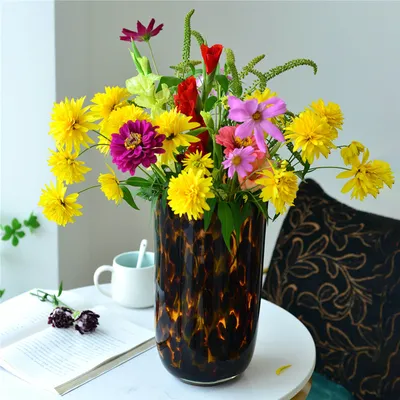 Retro Creative Home Desktop Decoration Handmade Glass Flower Set Leopard Pattern Design Brown Glass Vase