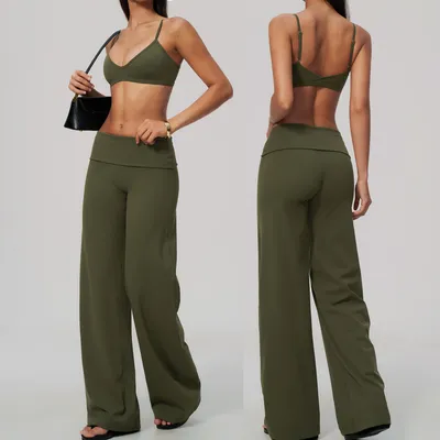 Women 2 Piece Workout Set, Low Cut V Neck Twisted Back Sports Bra & Fold Over Waist Wide Leg Pants, Butt Lifting