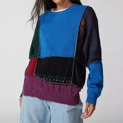 2024 Handmade Sequin Decoration Contrast Patchwork Loose Oversized Pullovers Autumn Women Casual Sweaters