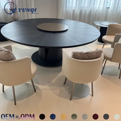 Minimalist Dark Wood Grain Round Dining Table with Center Rotating Turntable