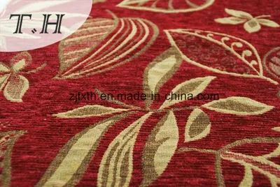 2016 100% Polyester Red Cloth Gold Leaves Chenille Jacquard Sofa Cloth