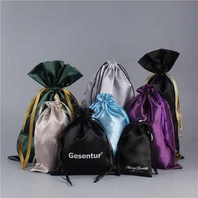 Hot Sale Wholesale Mix Color Luxury Drawstring Large Custom with Logo for Wigs Hair Bundles Package Dust Pouch Silk Satin Bags