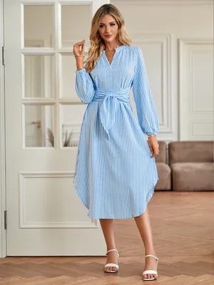 Casual V-Neck Striped Strappy Waist-Cinching Shirt Dress