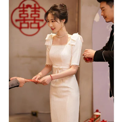 Nnr Bow White Evening Dress Female Party Temperament Small Simple Daily French Fishtail Slimming Party Dress