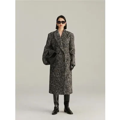 Customized Ladies Winter Clothes Vintage Speckled Tweed Wool Coat, Double Breasted Oversized Long Belted Wool Overcoat