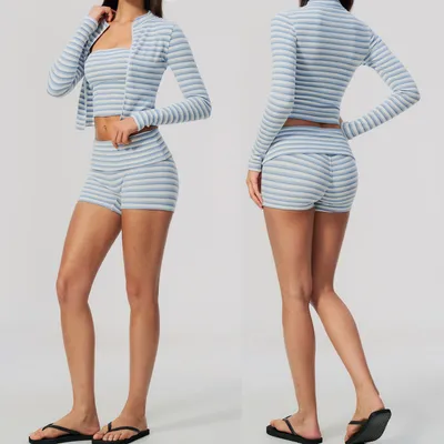 Women 3 Piece Striped Activewear Set, Strapless Bandeau Tube Top, Stand Collar Zip Cropped Jacket & Fold Over Butt Lifting Biker Shorts, Ribbed Knit