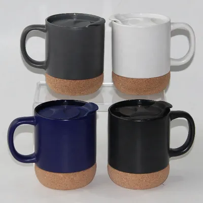 Fashion Ceramic Matte Black Cork Mug with Cork Coaster Mug with Cork Base Matte Black Ceramic Coffee Mug with PP Lid