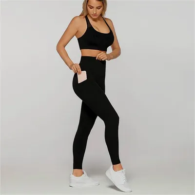 Women 100% Polyester Black Yoga Long Sleeve Tops Set Pocket Yoga Legging