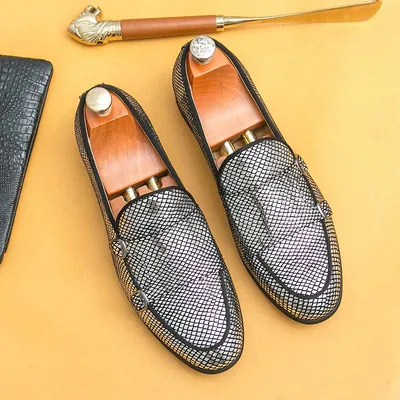Wholesale Men's Snake Patterned Leather Double Buckle Casual Shoes