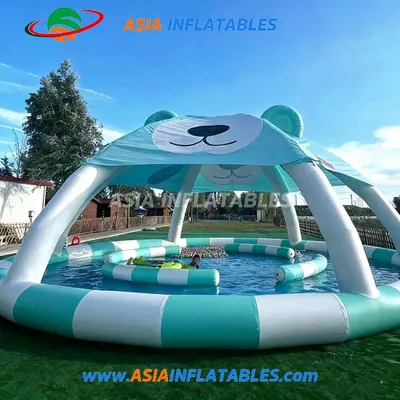 Outdoor Playground Water Kids Lovely Green Bear Inflatable Pool with Tent