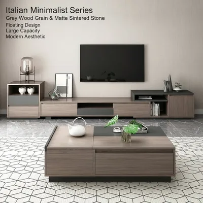 Italian Minimalist TV Cabinet Set Wood Grain & Sintered Stone Floating Storage TV Cabinet