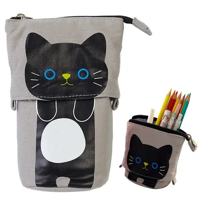Transformer Stand Store Pencil Holder Canvas+PU Cartoon Cute Cat Telescopic Pencil Pouch Bag Stationery Pen Case Box with Zipper Closure