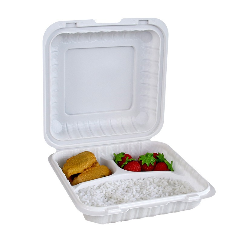 3 Compartment Mfpp Hinged Food Clamshell Box Disposable Takeway Food Bento Box Plastic Mfpp Clamshell Food Container 8*8inch