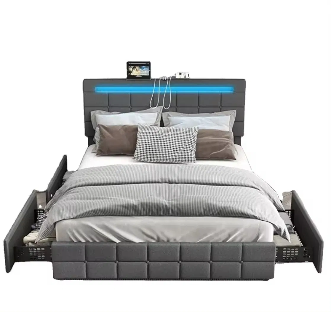 Yjx Full Size Bed Frame with USB Charging Station & LED Lights