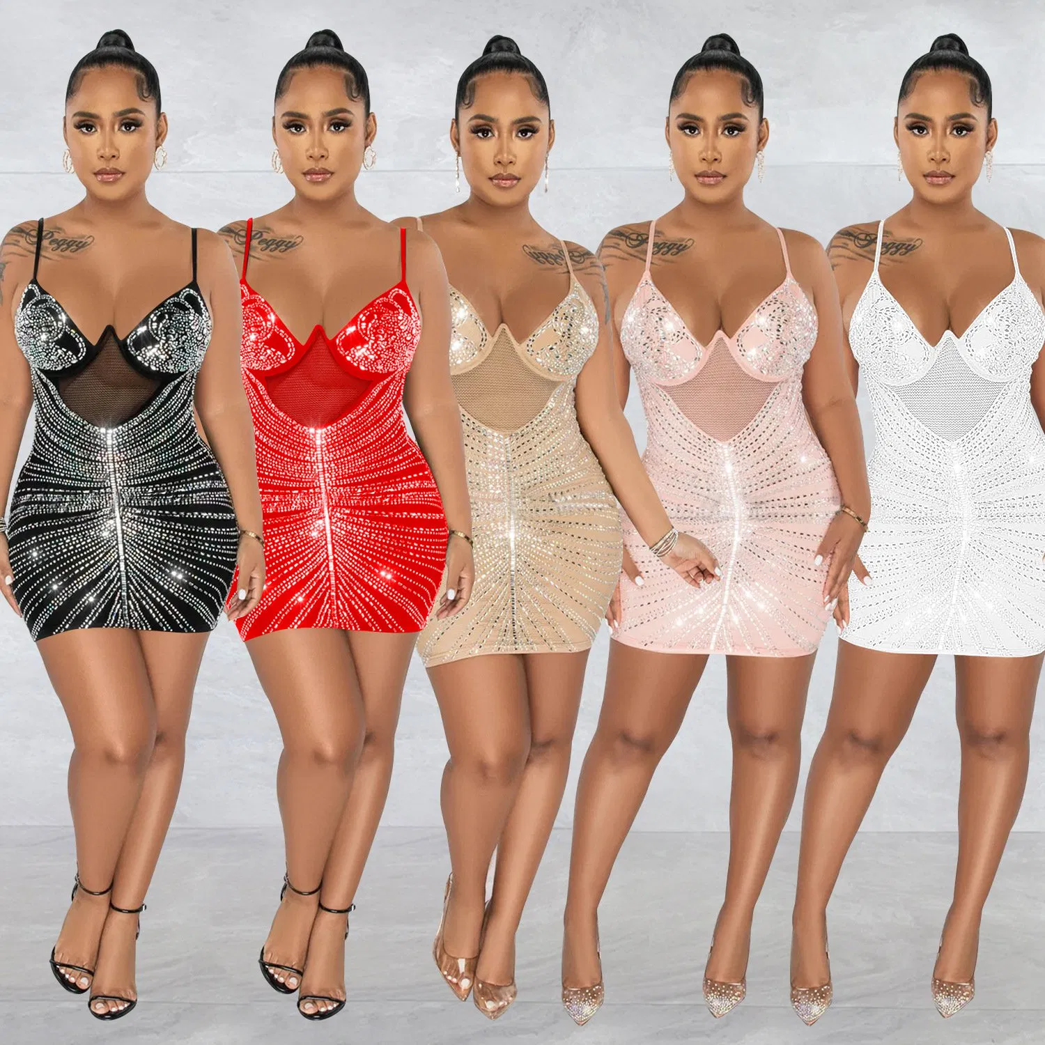 Women's Fashion Sleeveless Mesh Mini Dress with Rhinestone Embellishment and Spaghetti Straps Sexy Short Dresses