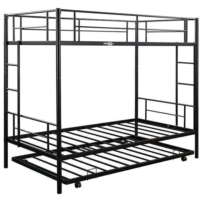Metal Bunk Bed with Trundle Twin Over Twin Modern Bunk Beds with Slats Heavy Duty Bunkbed Frame for Adults, Teens, Boys and Girls.