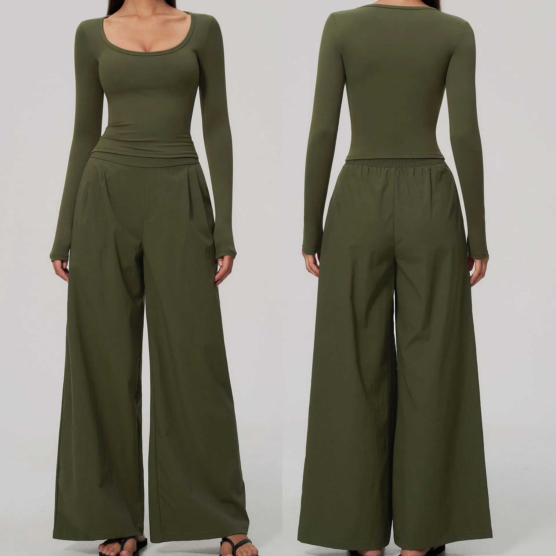 Women 2 Piece Workout Set, Large U-Neck Long Sleeve Fitted Top & High Waist Pleated Wide Leg Pants