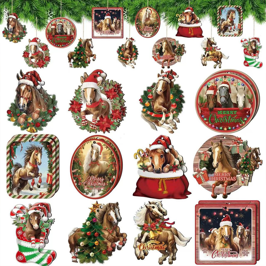 Christmas Holiday Wooden Decoration Pendant 24 Sets of Gift Gift Decoration, Christmas Horse Wooden Tree Pendant