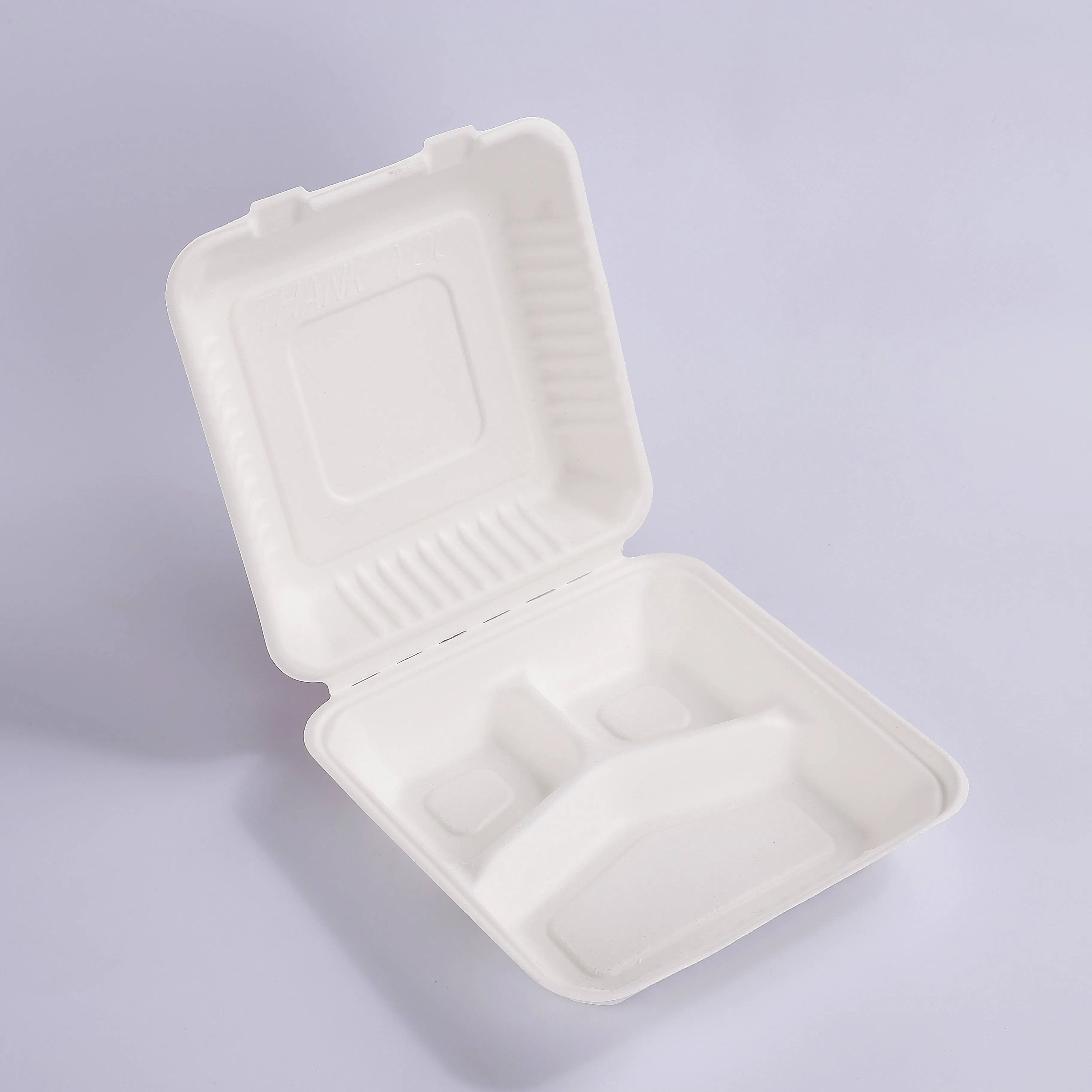 Eco-Friendly Disposable Biodegradable Take Away Sugarcane Food Container Shallow 8 Inches 3 Compartments Bagasse Lunch Box