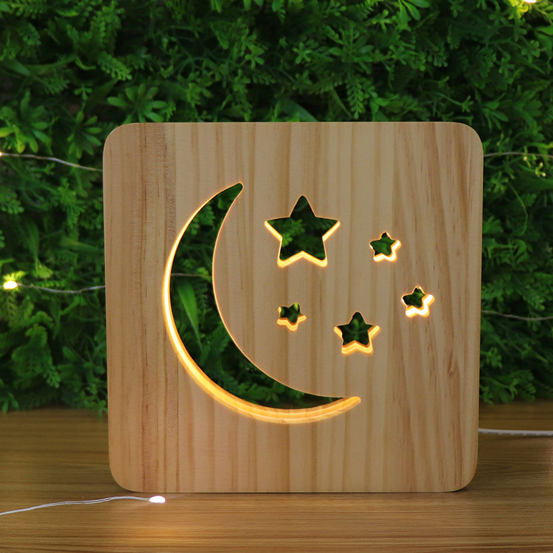 Home Decor Pine Wood Carving LED Table Lamp USB Night Light with Button Switch