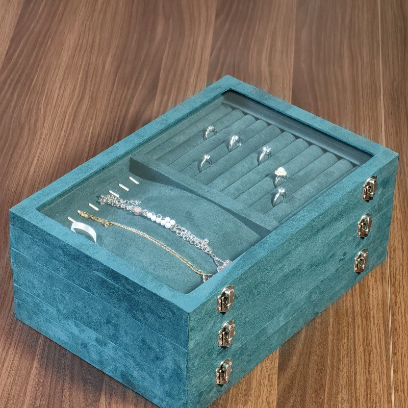 Dark Green Jewelry Box for Home Use: Rings, Necklaces, Bracelets, Earrings, and Pendants; Transparent Glass Lid Storage Box