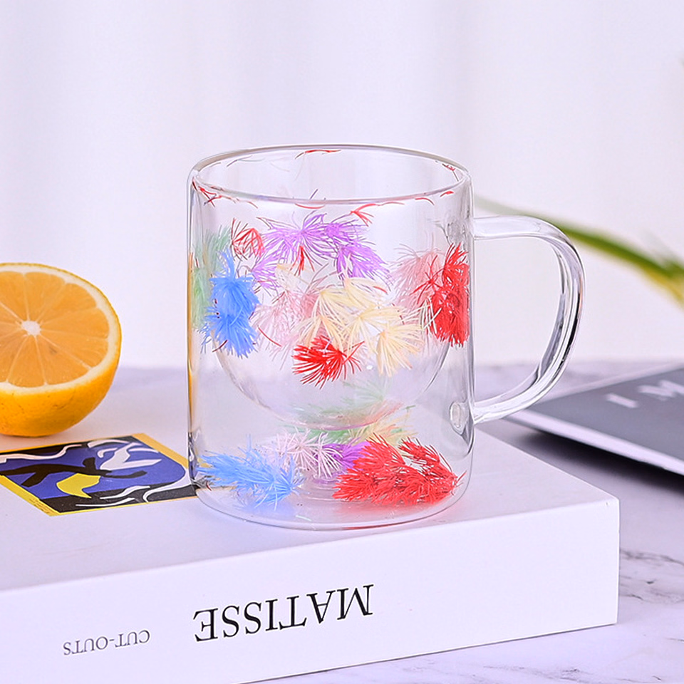 Blooming Flowers Double-Layer Glass Cup Mug with Beautiful Personalized Dried Flower Filling