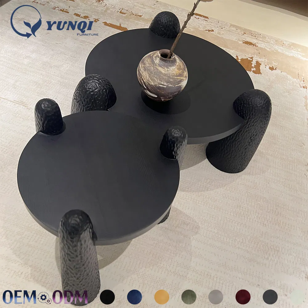 Art Textured Base Living Room Center Table Minimalist Black Solid Wood Nesting Round Coffee Table