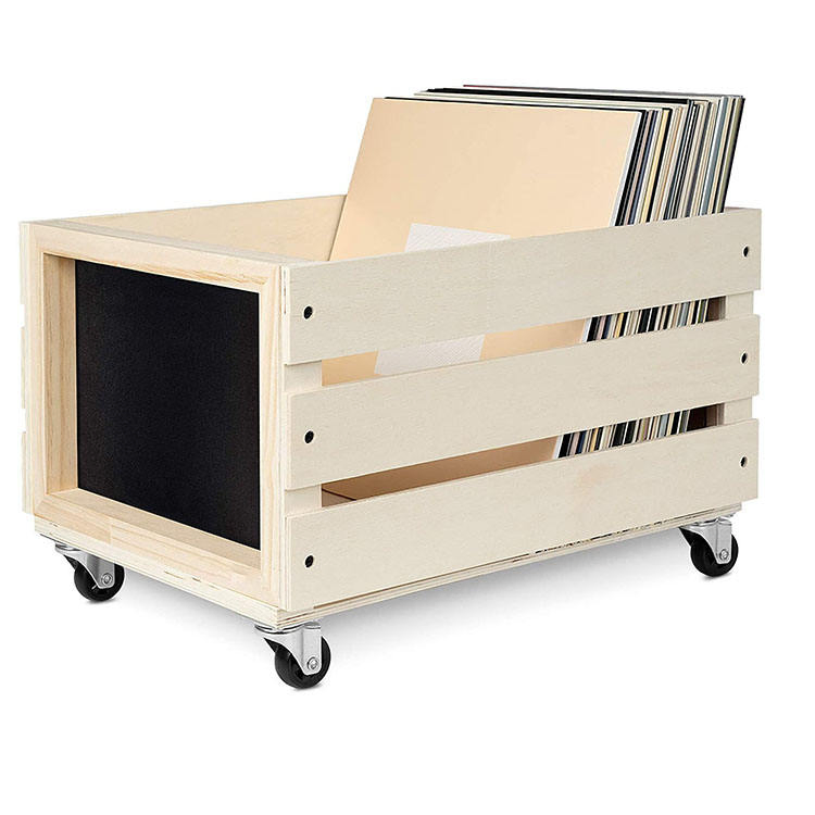 Promotional Easy Mobility Rustic Rectanqular Wooden Record Crates Wood Vinyl Record Storage Crate with Wheels and Chalkboard