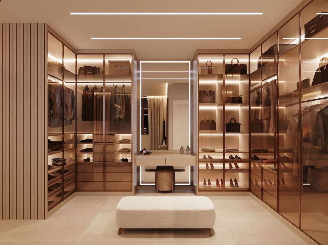 Bedroom Furniture Modern Design Aluminum Frame Glass Door Wooden Wardrobe Walk in Closet