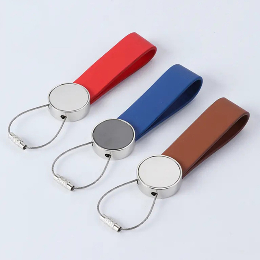 Leather Key Chain Wholesale Black Key Ring Luxury Round Bulk Leather and Metal Keychain Engraved Custom PU Leather Keychain