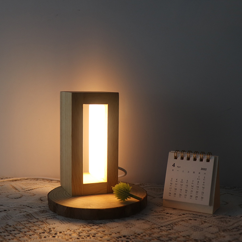 2022 Home Decoration Wooden Night Light Square Acrylic Table Desk Lamp LED Mood Light with USB Button Switch