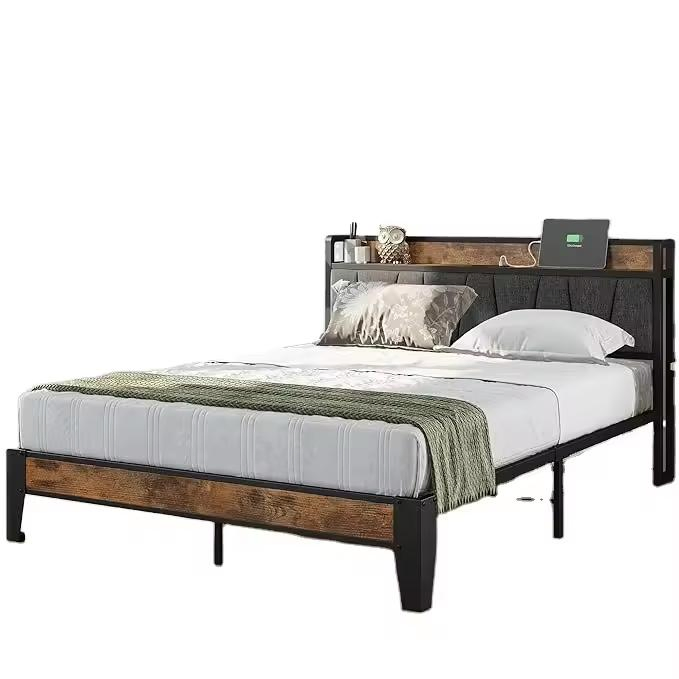 Queen Bed Frame, Storage Headboard with Charging Station, Solid and Stable, Noise Free, No Box Spring Needed, Easy Assembly
