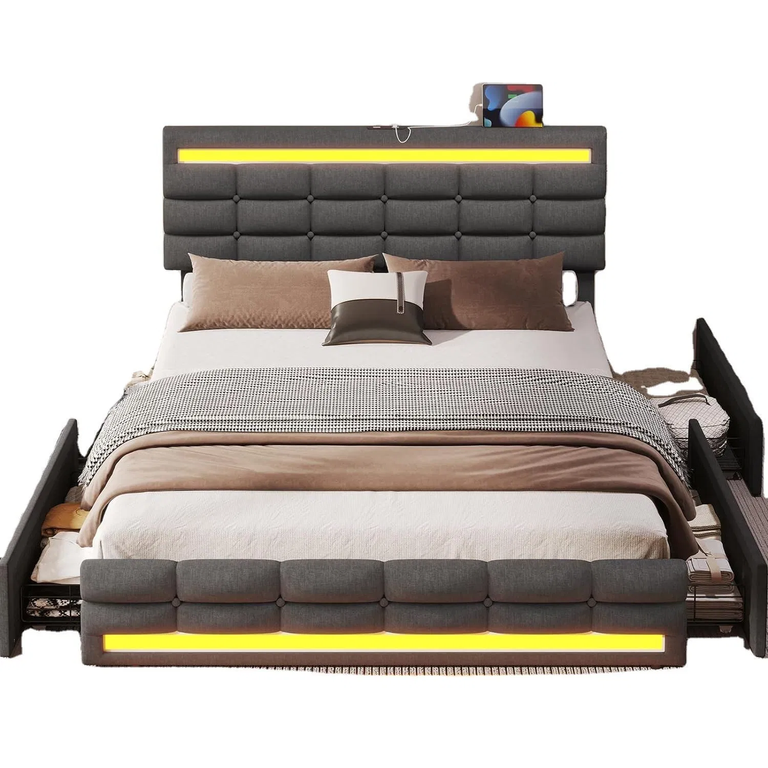 Queen LED Bed Frame with 4 Drawers and 2 USB Charging Station, Upholstered Platform Queen Size Bed Frame