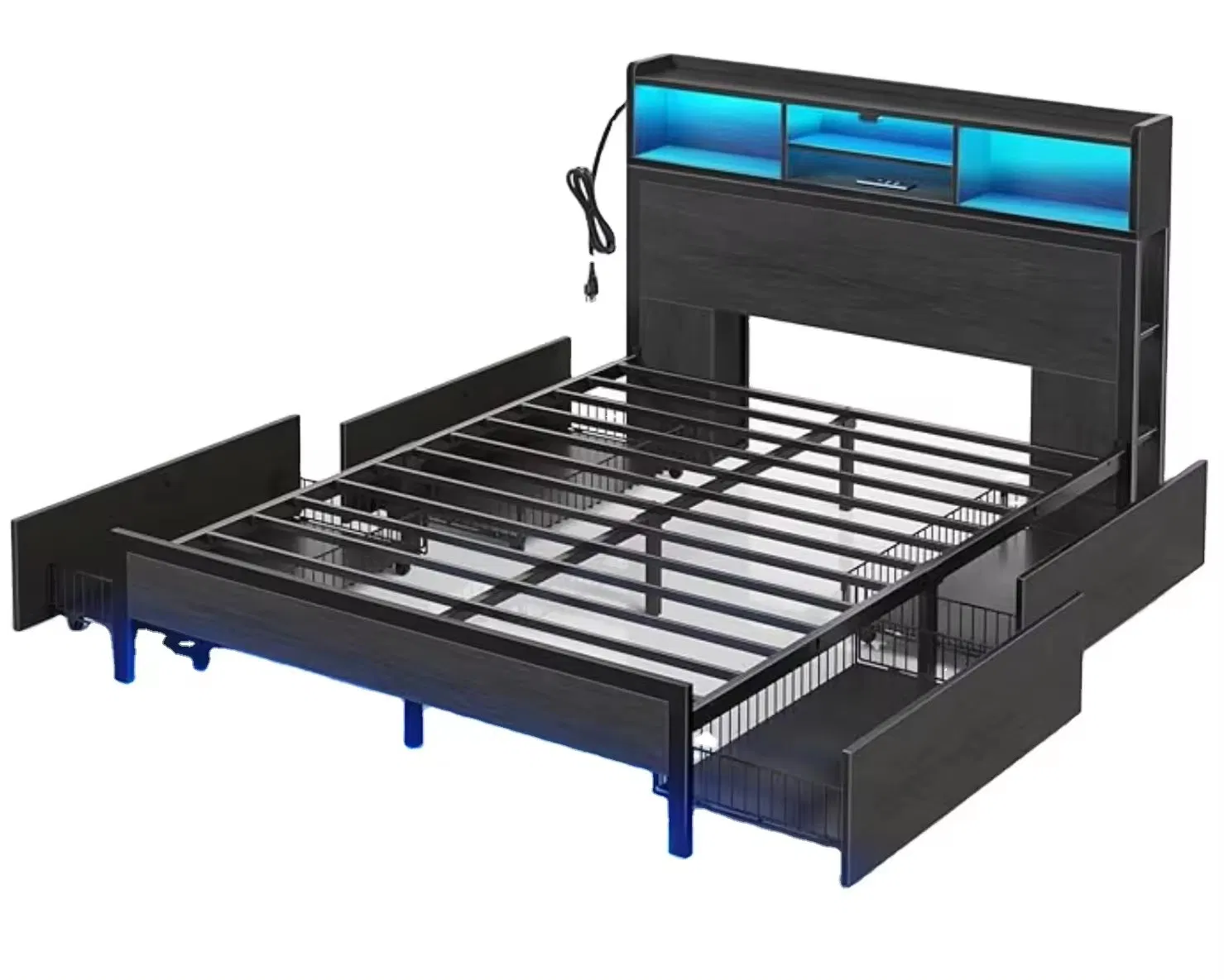 Modern Metal Platform Bed with LED Lights and Bookcase Storage