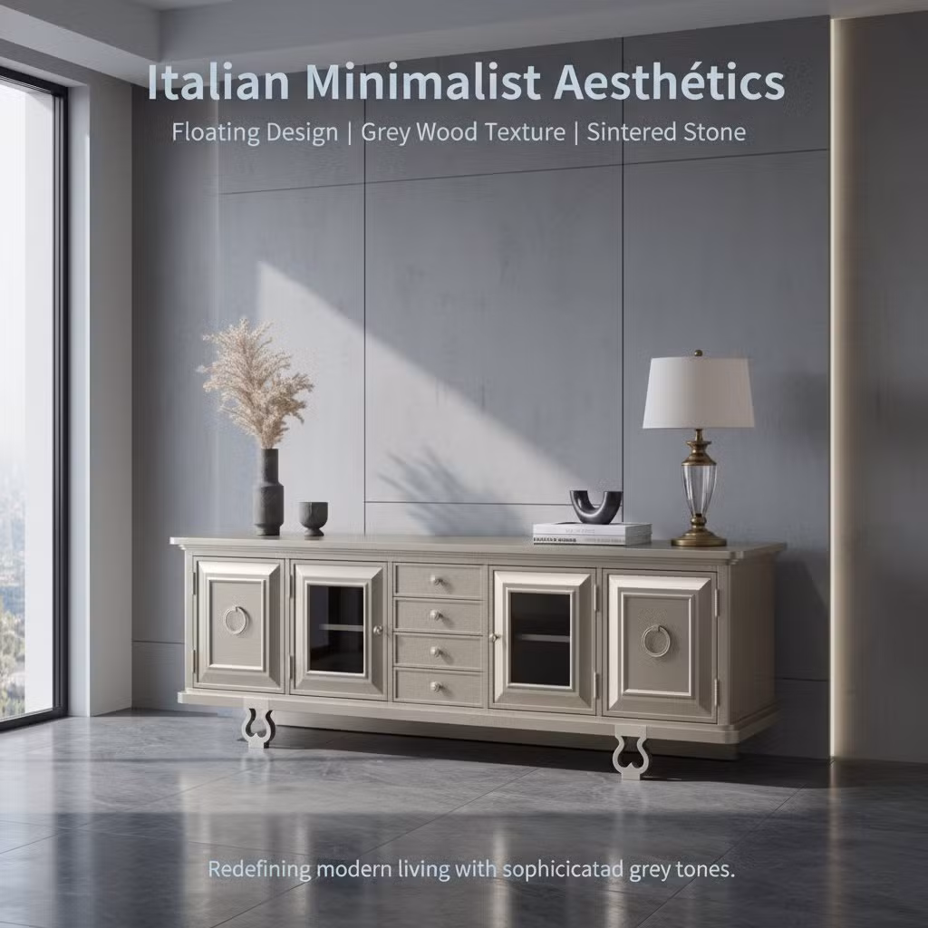 Italian Minimalist Grey Wood TV Stand with Sintered Stone Top TV Cabinet