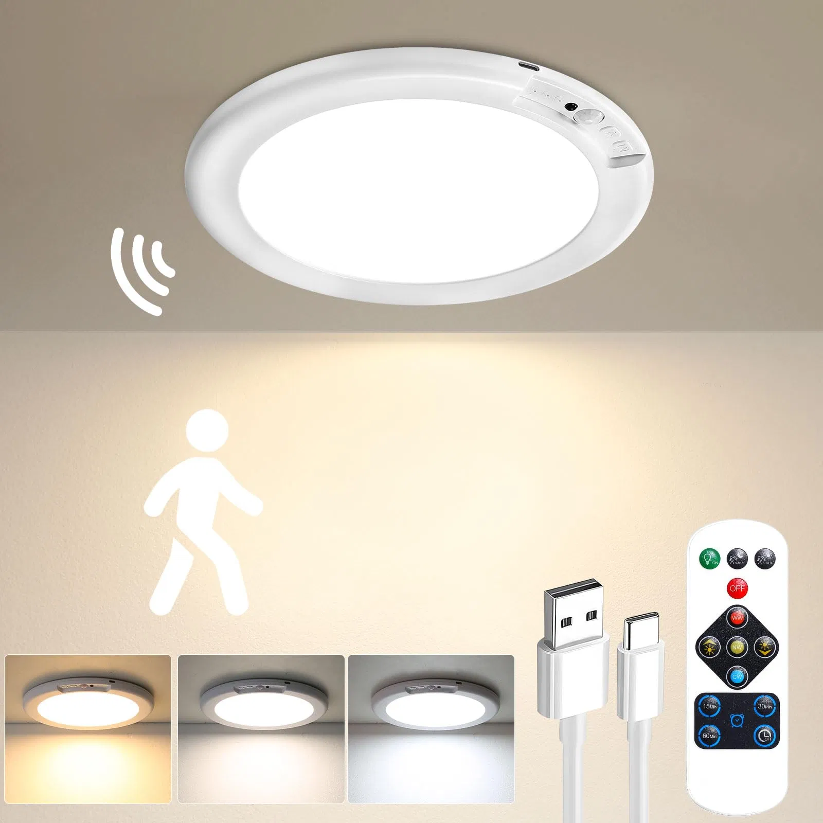 Rechargeable Motion Sensor Ceiling Light with Remote - Magnetic Wireless Ceiling Light Battery Powered for Closet Shower Stairs Shed Hallway Porch Patio Ect
