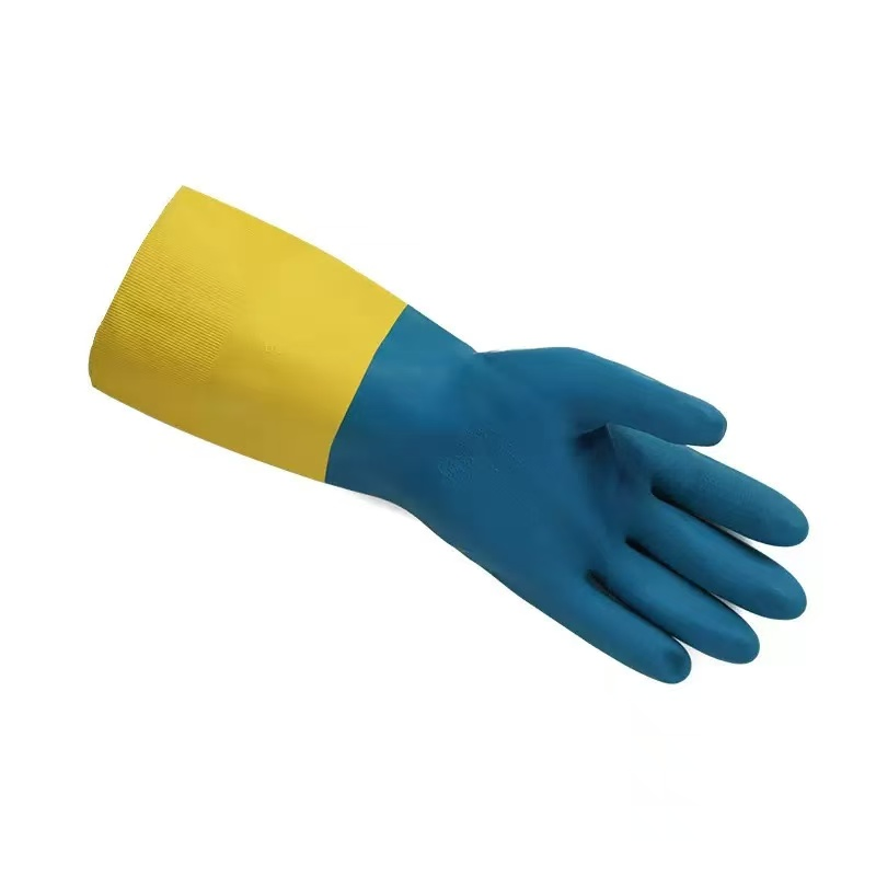 Chemical Resistant Neoprene Flocked Blue and Yellow Color Gloves