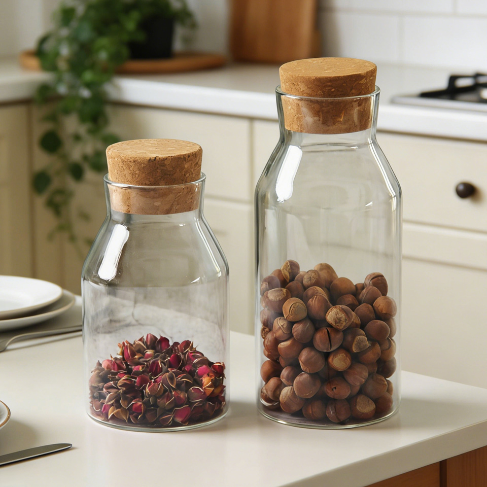 Glass Food Storage Jar Clear Bottle with Cork Lid Airtight Kitchen Organizer